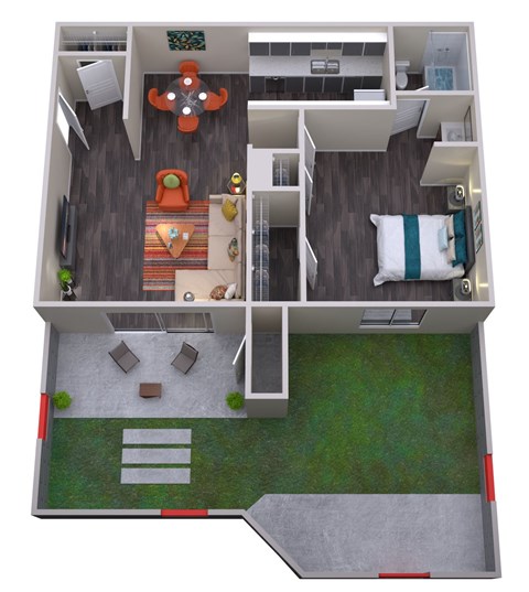 A 3D floor plan of a house with a living room, kitchen, and bathroom.